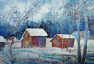 Heustadeln im Winter 2 (35,5 x 51 cm)